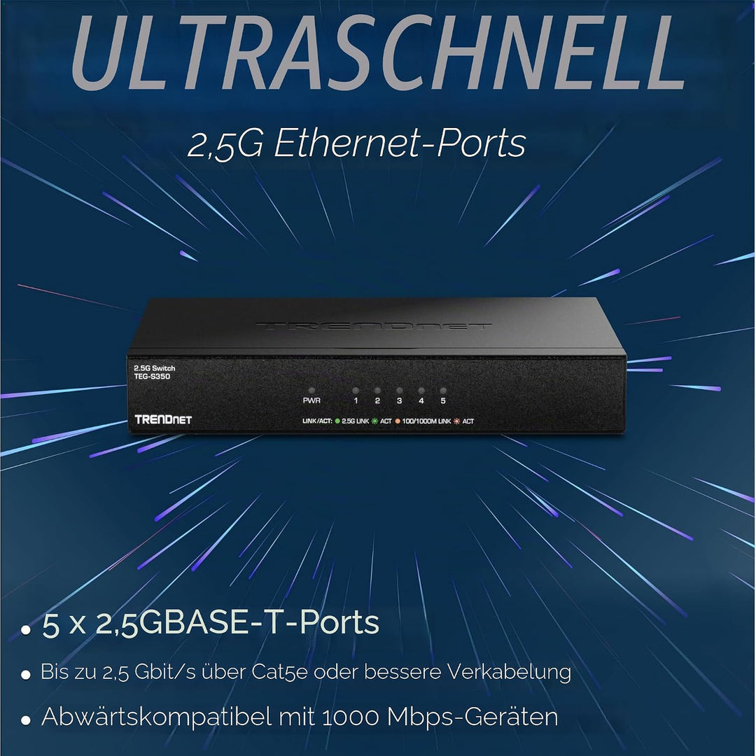 TRENDnet 5-Port Unmanaged 2.5G Switch, 5 x 2.5GBASE-T Ports, 25Gbps Switching-Kapazität, abwärtskomp