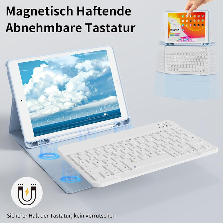 Tastatur Hülle für iPad 9. 8. 7. Generation 2021/2020/2019 10,2 Zoll mit Stifthalter, Magnetisch Blu