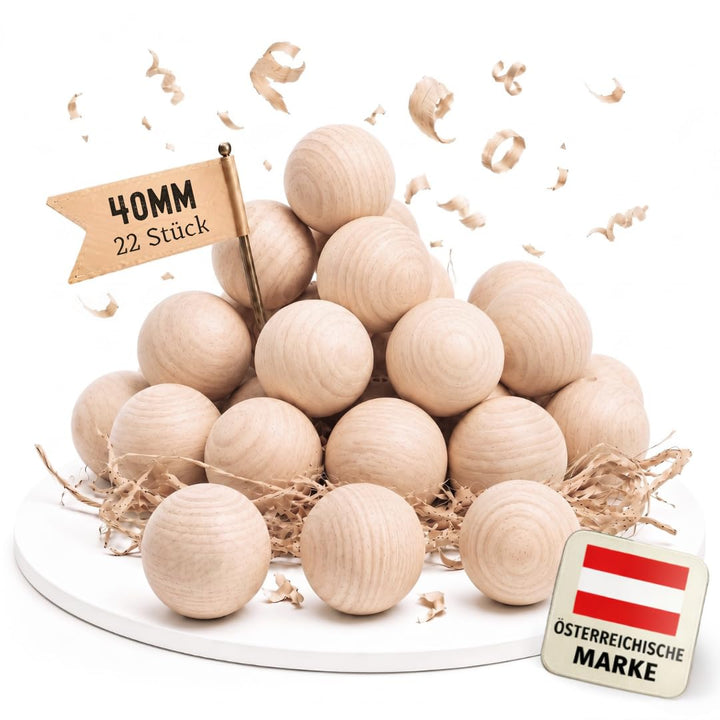 EV® Holzkugeln ohne Loch - 22 Stück 40mm Durchmesser - Made in Austria - Grosse Holzperlen ohne Bohr