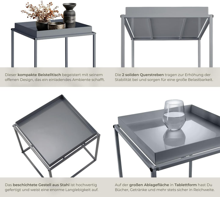 TecTake 800910 Beistelltisch aus Metall, quadratisch, stapelbar, Ablagefläche mit hohem Rand, Tablet