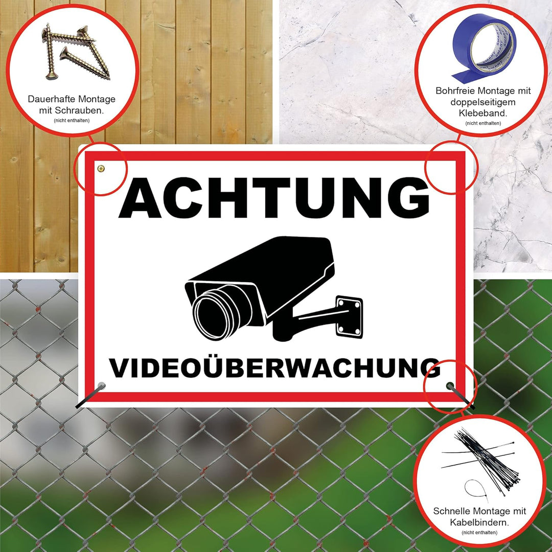 3 Stück XXL Achtung Videoüberwachung Schild 40 x 30 cm Alu 3mm Alu-Dibond stabile Aluminiumverbundpl