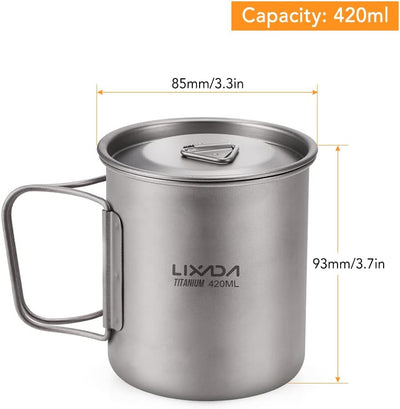 Lixada Titanium Topf Camping Tragbar Titan Wasser Tragbar Becher Tasse Klappgriff(300 ml,350 ml,420m