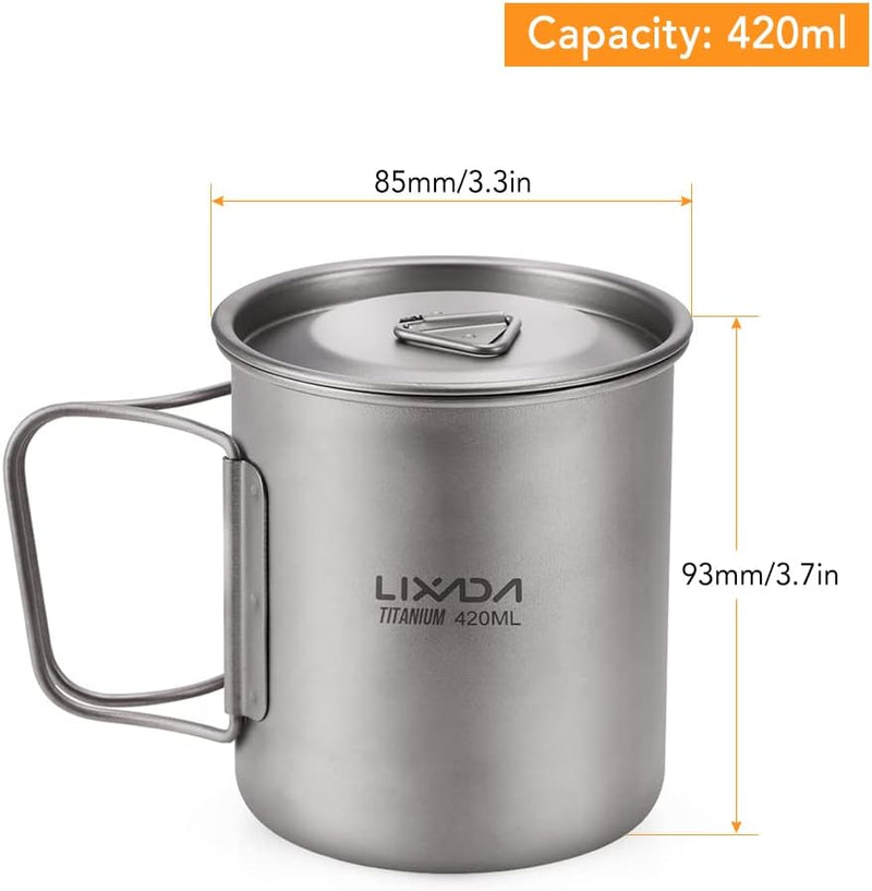 Lixada Titanium Topf Camping Tragbar Titan Wasser Tragbar Becher Tasse Klappgriff(300 ml,350 ml,420m