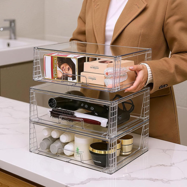 2er Set Breite Stapelbare Aufbewahrungsschubladen für Bad und Küche, Hochfeste Klare Acryl Organizer