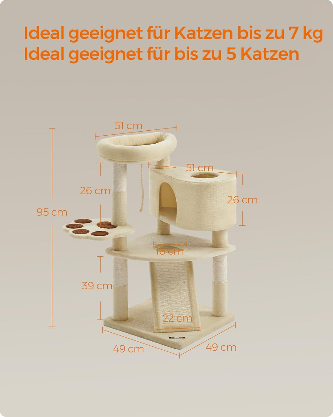 Feandrea Kratzbaum, Katzenbaum niedlich, mit Plattform, Höhle, Kratzrampe, mehrstöckig, Katzenkratzb