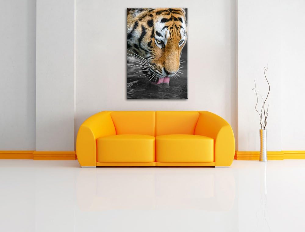 maiestätischer Tiger trinkt schwarz/weiss auf Leinwand, XXL riesige Bilder fertig gerahmt mit Keilra