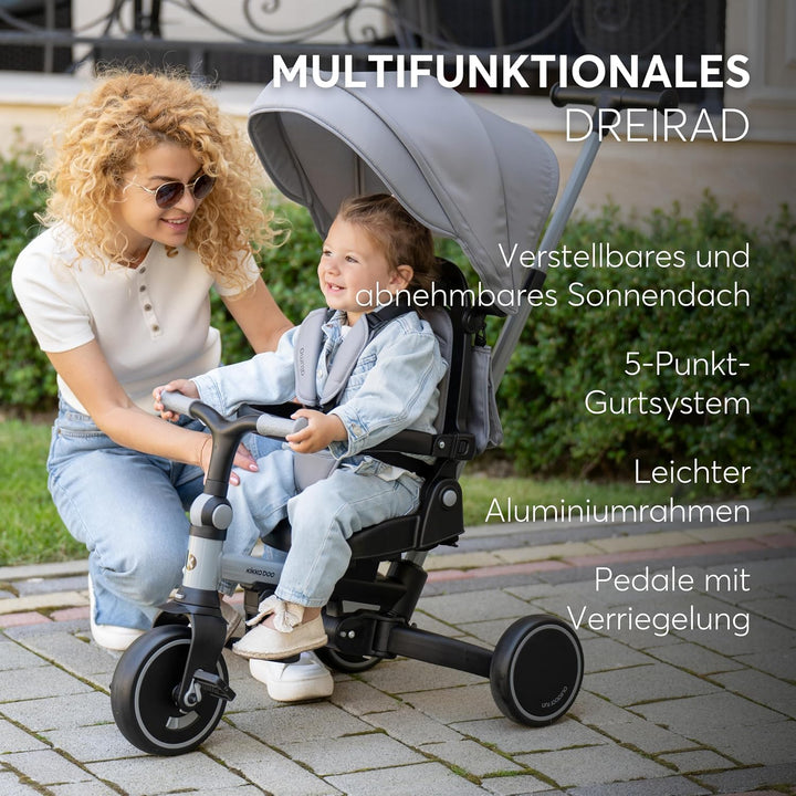 KikkaBoo 8-in-1 Dreirad ALUMA, Faltbar mit Schiebestange, Drehbarer Sitz, Verstellbares Dach, 5-Punk