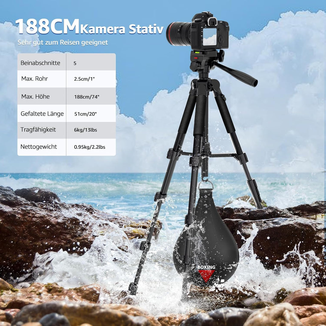 Kamera Stativ, Lusweimi 187cm Aluminium DSLR Stativ mit 360° Panorama Fluidkopf und 2 QR-Platten für