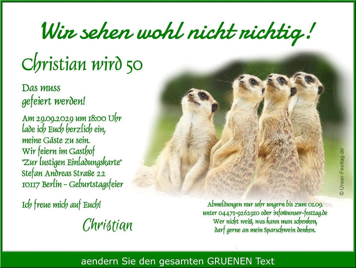 Geburtstagseinladung für jedes Alter - eigener Text wird eingedruckt. Motiv Erdmännchen wir sehen wo