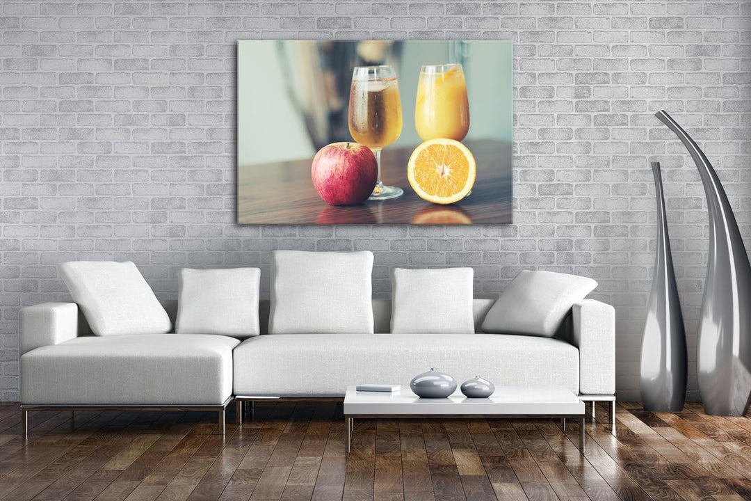 deyoli Glas mit Apfel und Orangensaft Format: 80x60 als Leinwandbild, Motiv fertig gerahmt auf Echth