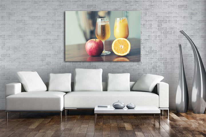 deyoli Glas mit Apfel und Orangensaft Format: 80x60 als Leinwandbild, Motiv fertig gerahmt auf Echth