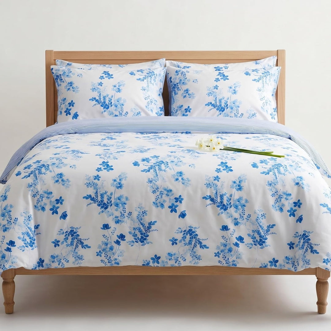 LERUUM Bettwäsche Set 135X200 Baumwolle Streifen Blumen Reversibel Blau Bettbezugen (135 x 200 + 80