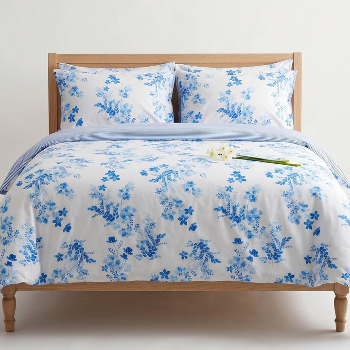 LERUUM Bettwäsche Set 135X200 Baumwolle Streifen Blumen Reversibel Blau Bettbezugen (135 x 200 + 80