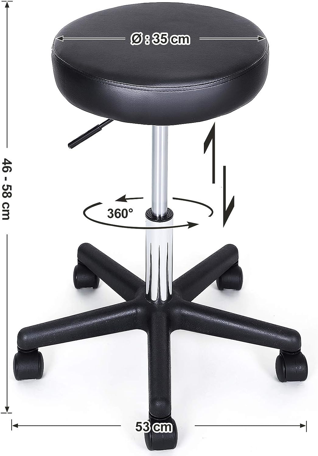 SONGMICS Drehhocker auf Rollen, höhenverstellbarer Rollhocker, 46-58 cm, mit Kunstleder bezogener Si
