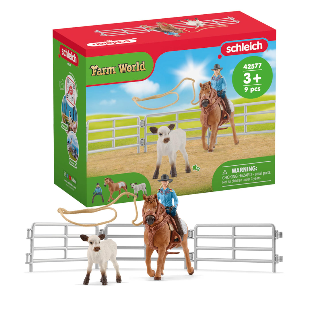 SCHLEICH Farm World | Westernreiten mit Cowgirl 42577 | Bauernhof Set mit Reiterin, Pferd, Kuh sowie