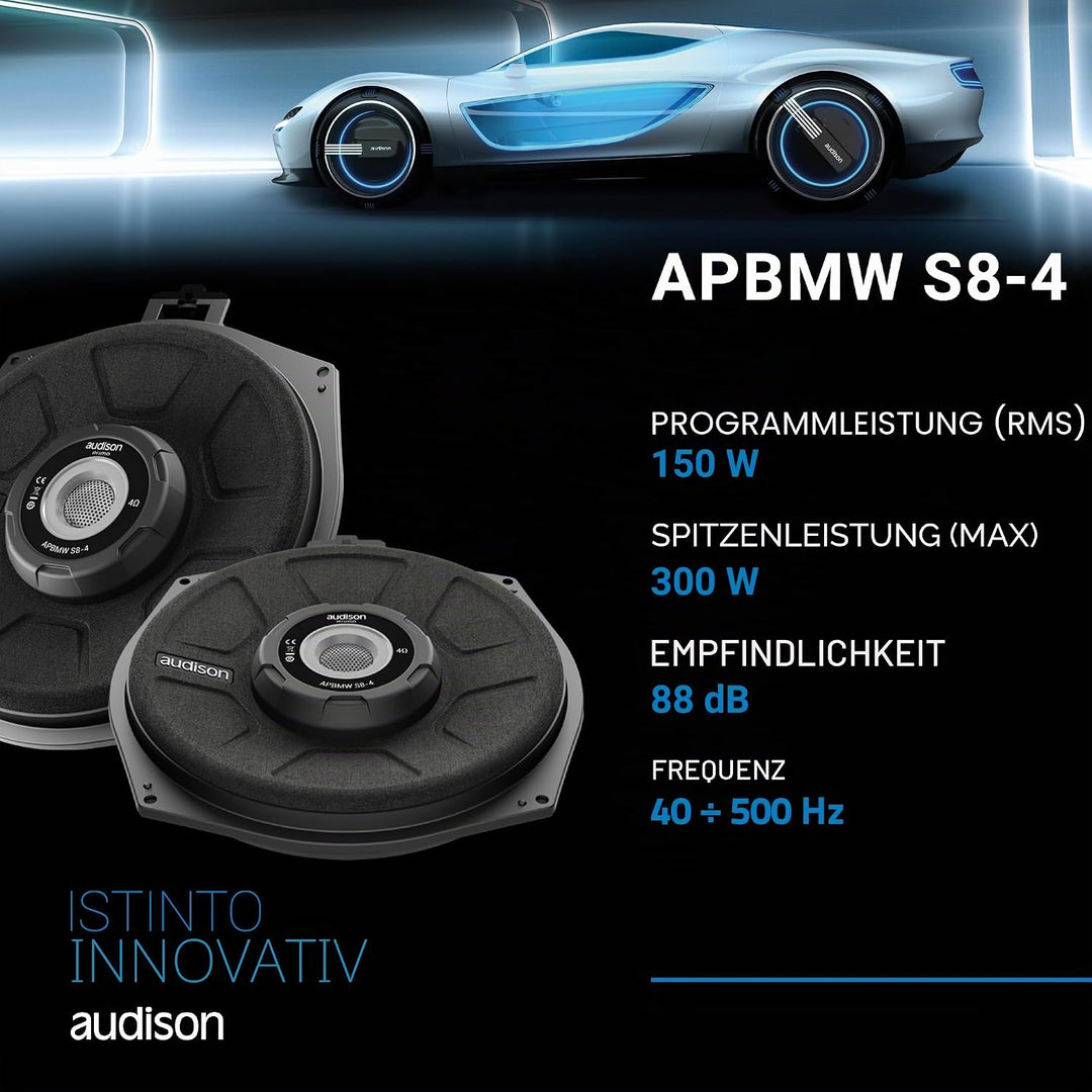 Audison APBMW S8-4.2 – 200-mm Slim-Subwoofer für BMW/MINI, 300W Peak, 4 Ohm, Plug &amp; Play-Untersitzmo