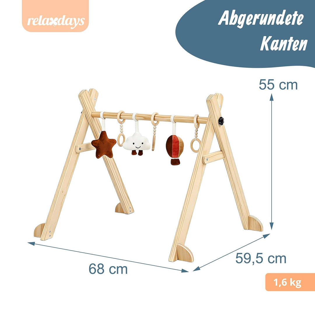 Relaxdays Spielbogen Holz, 6 abnehmbare Anhänger, HBT: 55 x 68 x 59,5 cm, Motorik fördern, Baby Gym,