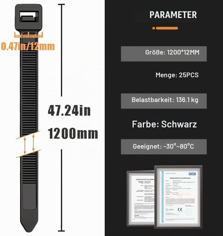 Extra large Kabelbinder 12mmx 1200mm, Industrie UV-Beständig ultra starke Kabelbinder mit 120 kg Zug