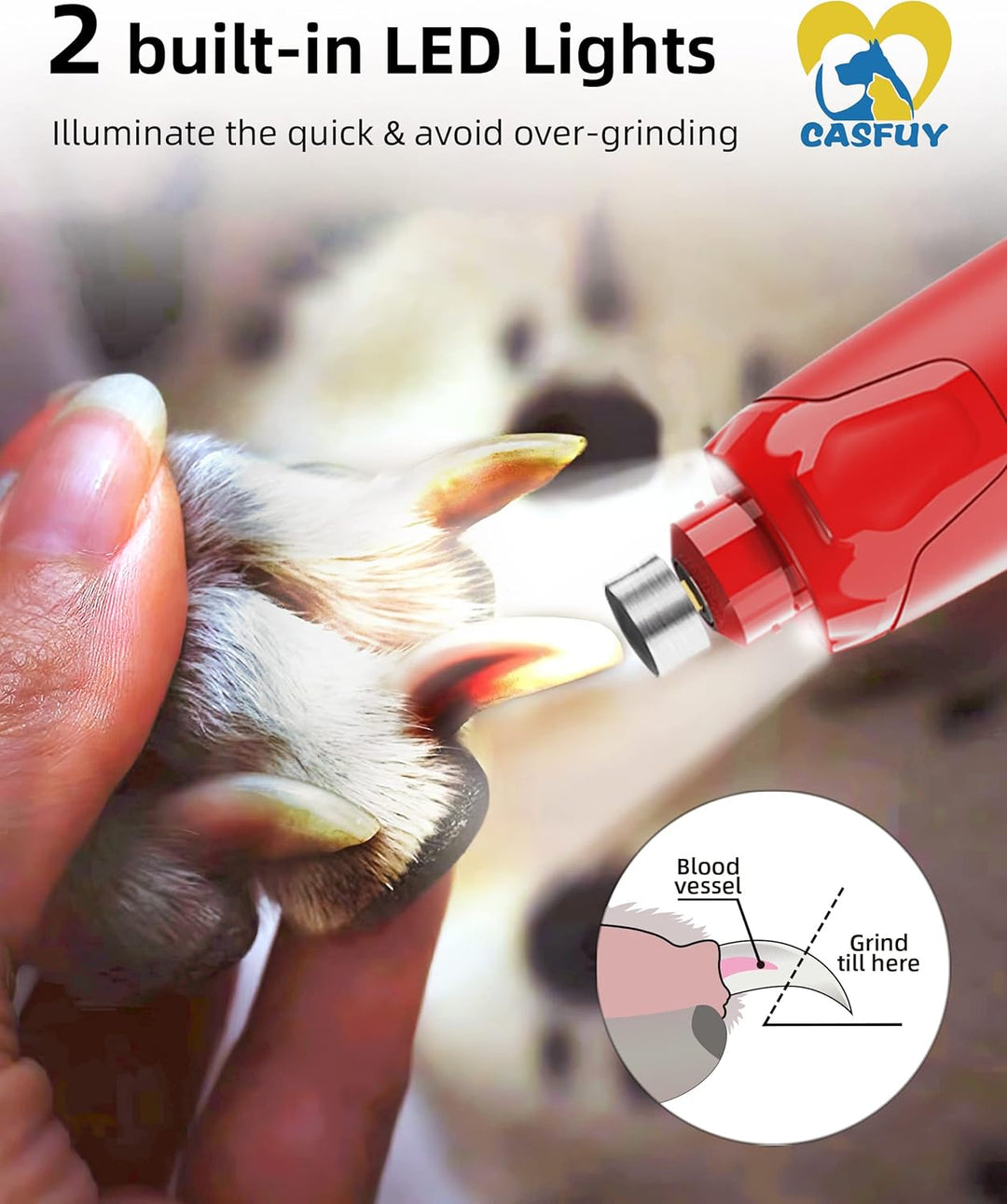 Casfuy Krallenschleifer für Hunde - (45 dB) 6-Gang-Haustier-Krallenschleifer mit 2 LED-Lichtern für