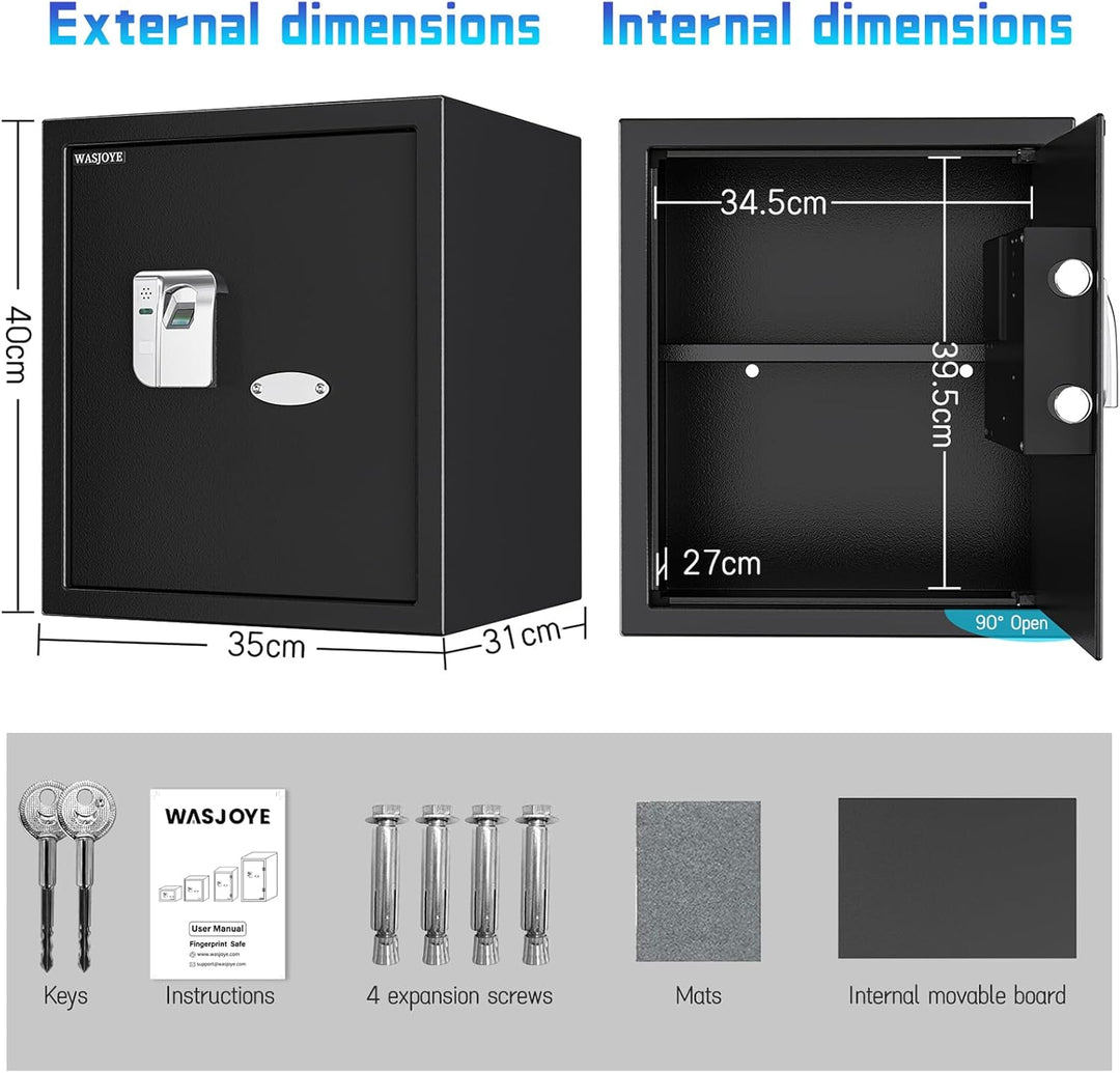 WASJOYE 43L Tresor mit Fingerabdruck, Gross Safe mit Fingerabdruck, Biometrischer Möbeltresore, Tres