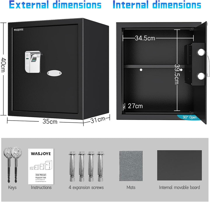 WASJOYE 43L Tresor mit Fingerabdruck, Gross Safe mit Fingerabdruck, Biometrischer Möbeltresore, Tres