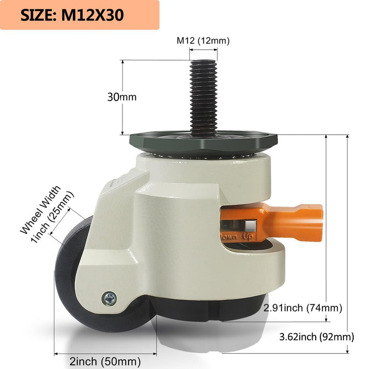 Nivellierrollen Schwerlastrollen mit Gewinde M12X30 Tragfähigkeit 1000KG, 4er Set 50MM Lenkrollen mi