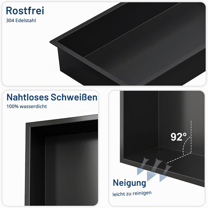 Wandnische Dusche Edelstahl mit RGB LED-Licht, Eingebettete Duschnische Schwarz Einzelregal Lagerung