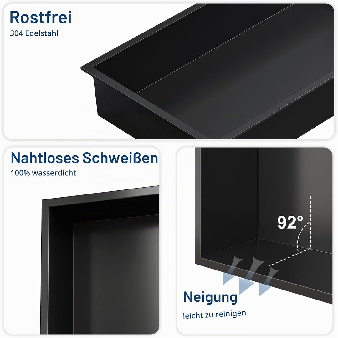 Neodrain Wandnische Dusche 90 x 30cm 304 Edelstahl Duschnische Schwarz Einbaunische Lagerung für Bad