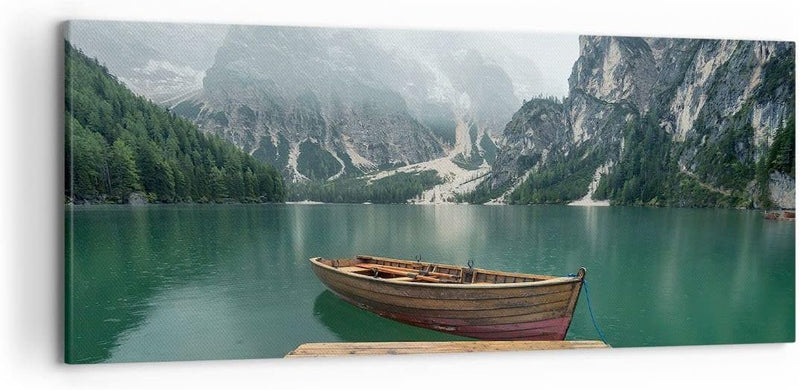 Wandbilder Dekoration Wohnzimmer Berge See Boot Panorama Bilder auf Leinwand 120x50cm Leinwandbild m