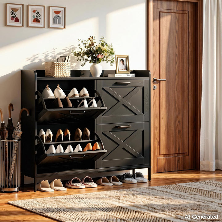 Schuhschrank 4 Klappen, 120x100x24 cm, stabilem Metallfuss, Schwarz | verstellbare Schuhablage für 1