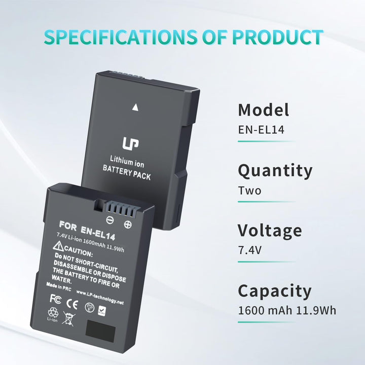 LP EN-EL14 Akku 2 Pack EN EL14a Ersatzakku kompatibel zu D3500, D5600, D3300, D5100, D5500, D3100, D