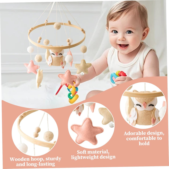 Baby-Mobile für das Kinderbett, hölzernes Babybett-Mobile mit Filzkugeln, Eule und Stern, Bettglocke