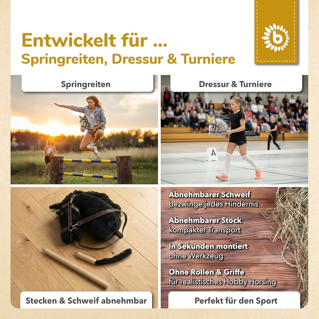 Bieco Hobby Horse Steckenpferd Rappe - Grösse S, mit Trense | Abnehmbarer Stock & Schweif, für Sprin