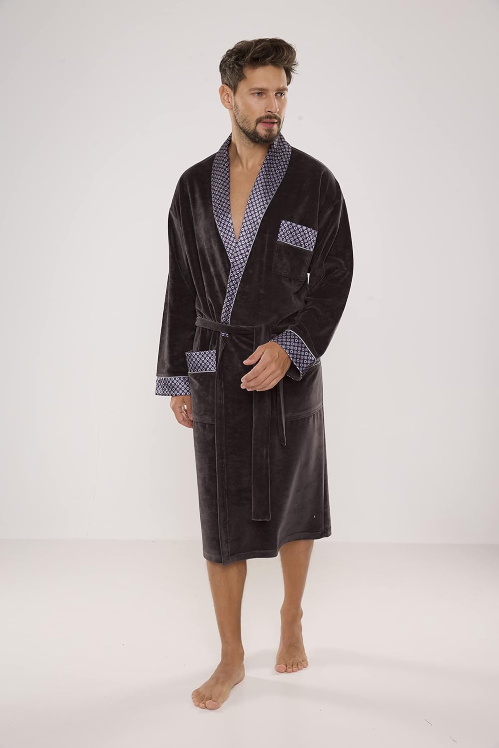 FOREX Lingerie edler und hochwertiger Baumwoll-Bademantel Herren-Mantel im tollen Design M Graphit-b