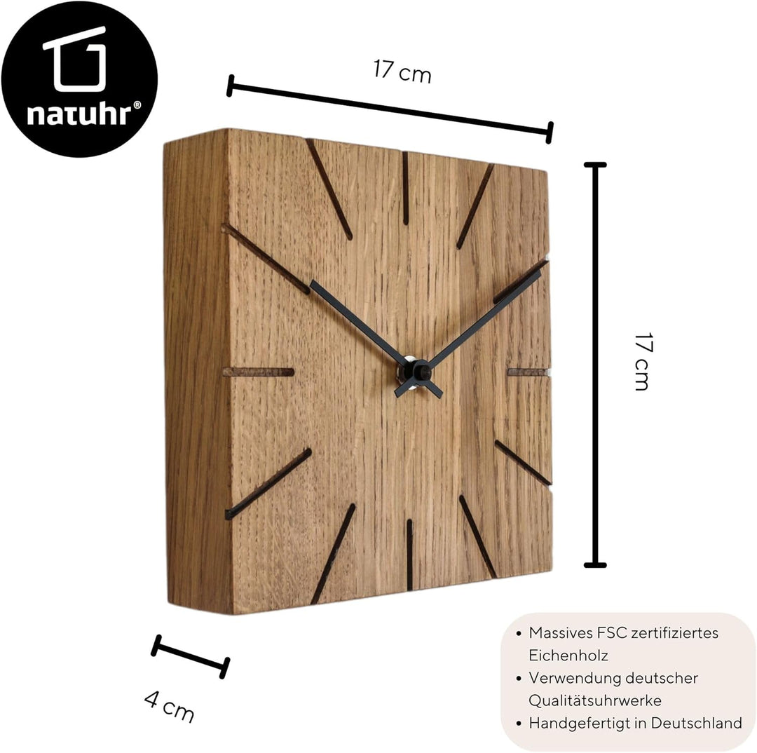 Funkuhr Wanduhr Tischuhr Eiche Holz - Beam - Massivholz Design 17 x 17 cm (Räuchereiche Schwarze Zei