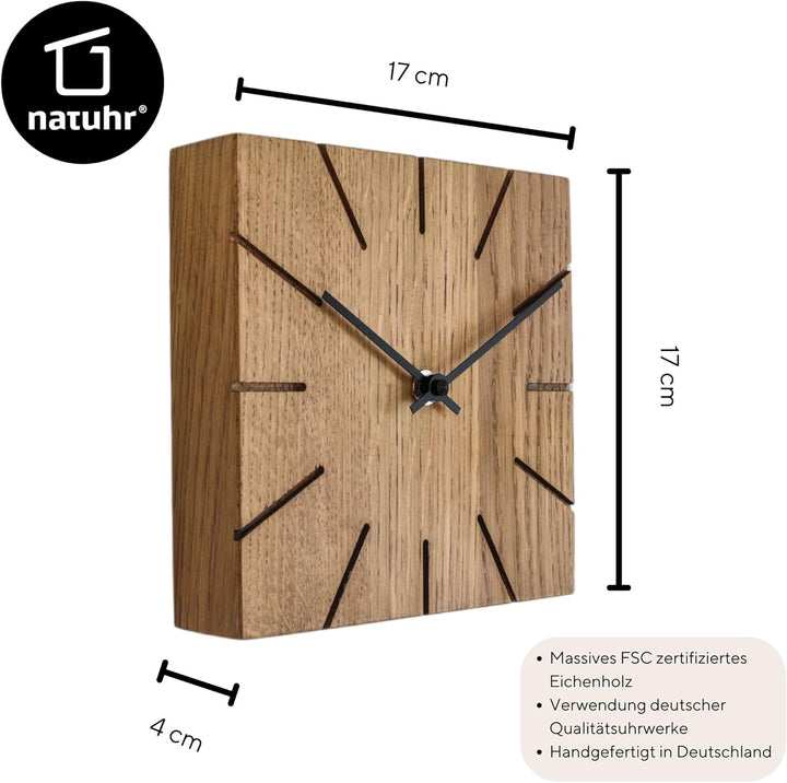 Funkuhr Wanduhr Tischuhr Eiche Holz - Beam - Massivholz Design 17 x 17 cm (Räuchereiche Schwarze Zei