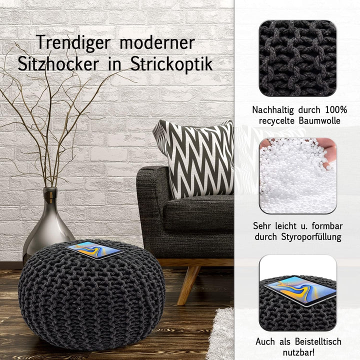 casamia Pouf Ø 55 o. 45 cm Sitzpouf Strickhocker Sitzpouf Bodenkissen nachhaltig Grobstrick Optik Gr