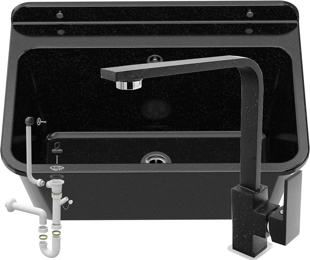 Granitan Ausgussbecken für Garage Keller Werkstatt - Universal Waschtrog mit Siphon und Waschtischba