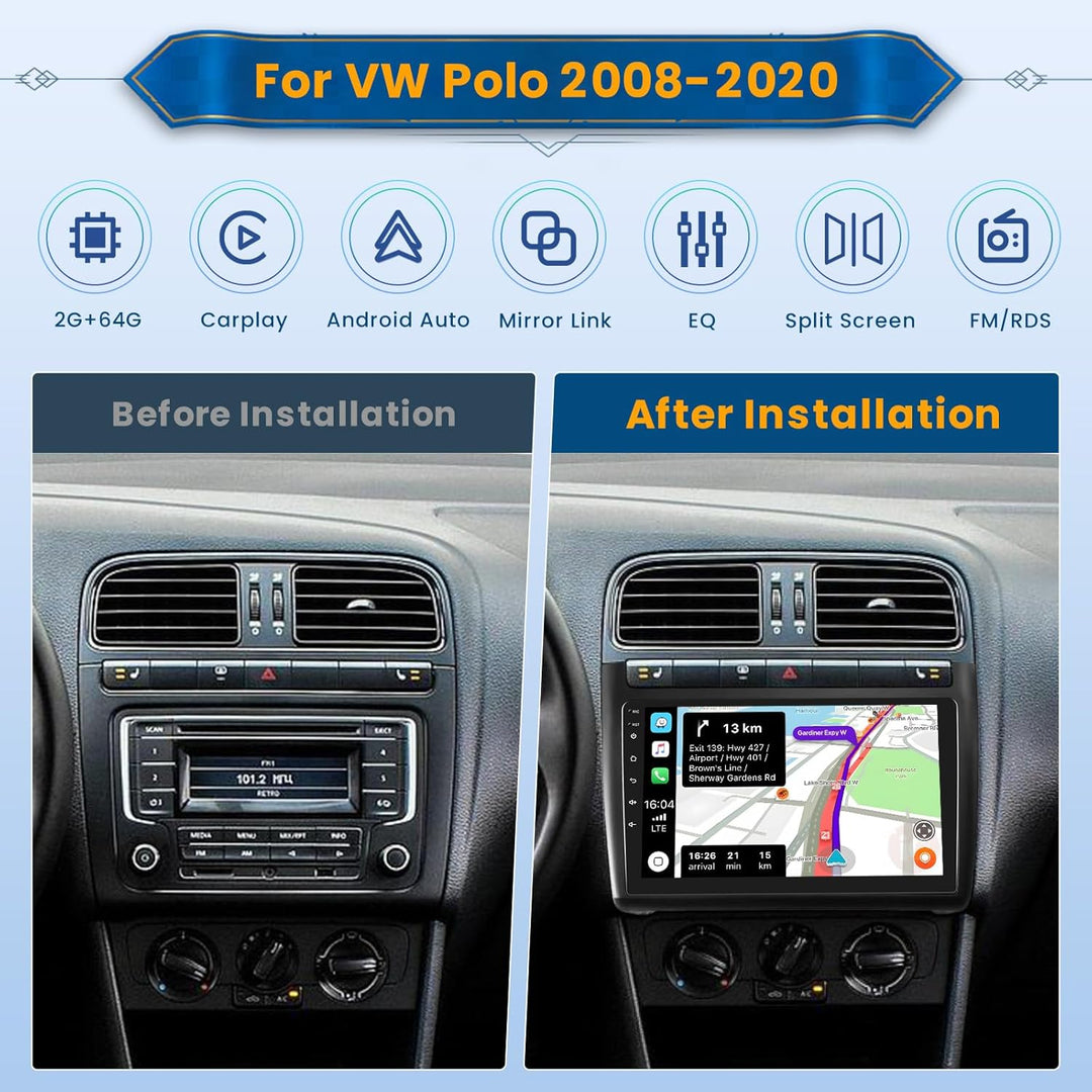 Android 15 Autoradio für Volkswagen VW Polo 5 2008-2020 mit Wireless CarPlay Android Auto 2+64G, 9 Z