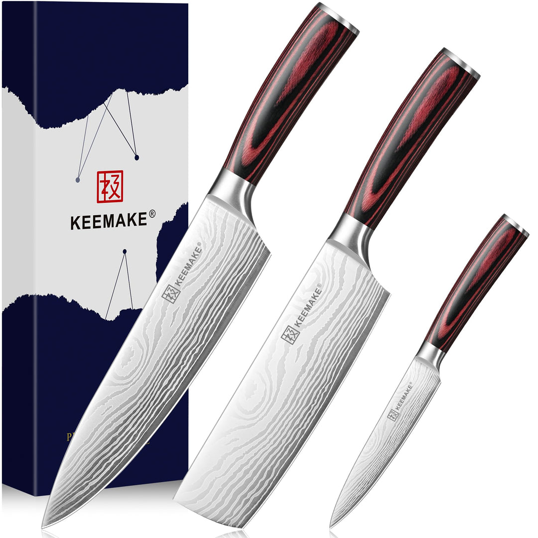 KEEMAKE Messerset 3 teilig, Küchenmesser Set aus Edelstahl mit Profi Kochmesser Nakiri Messer Allzwe