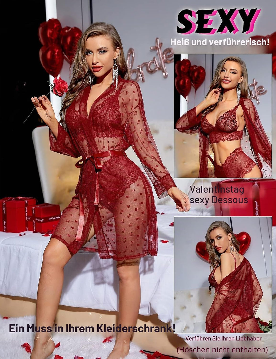 RSLOVE Sexy Dessous Set für Damen 3 teilig Spitzen Kimono mit BH und Höschen XXL Wein Rot, XXL Wein
