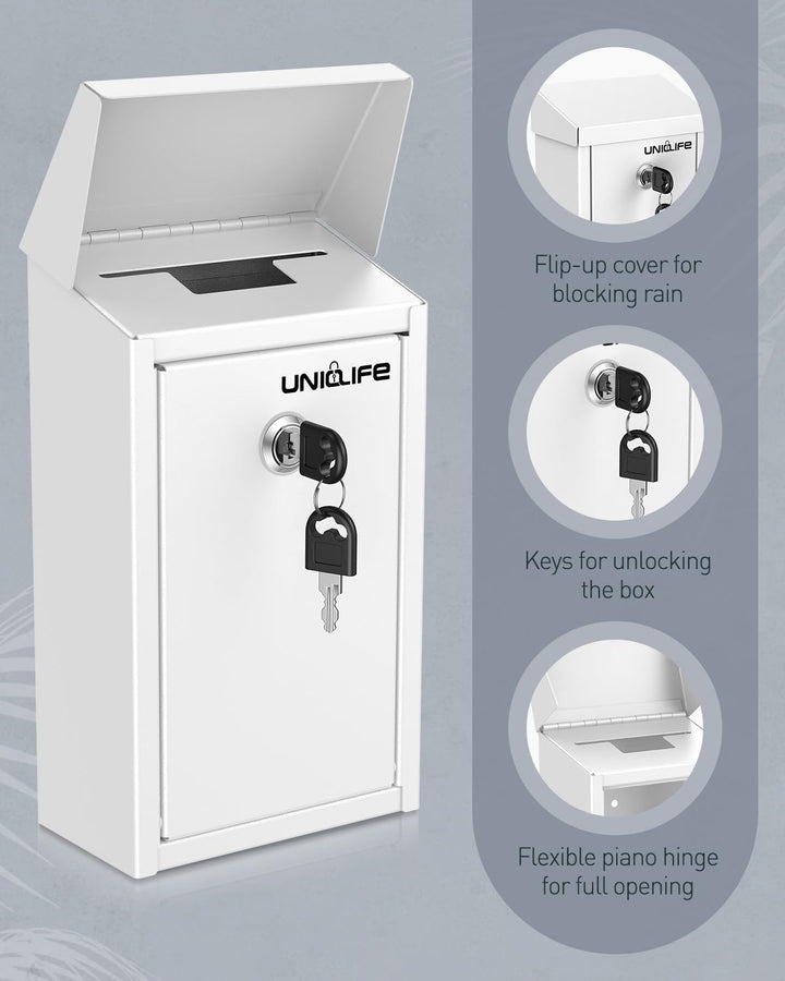 Uniclife Schlüsselkasten für den Aussenbereich, Spendenbox aus Metall in weiss mit Schlüsselschloss,