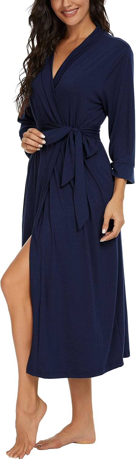 PrinStory Damen Bademantel Leichter 3/4 Ärmeln Morgenmantel V-Ausschnitt Kimono Roben Langes Nachtwä
