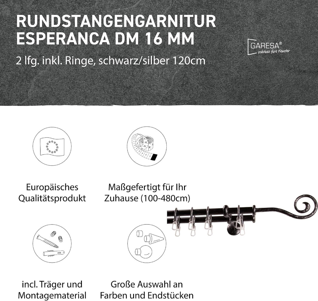 Garesa Gardinenstange Esperanca Ø 16mm, 2-läufig, Schwarz/Silber I Rustikale Vorhangstange inkl. Rin