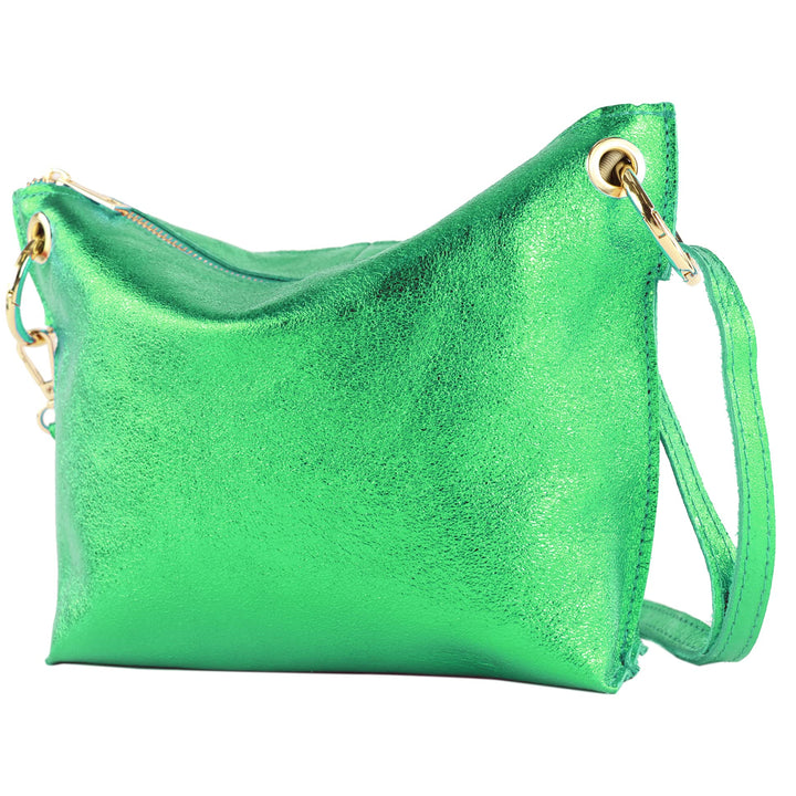 modamoda de - T243 - ital. Umhängetasche Klein Small aus Leder Grün-metallic, Grün-metallic