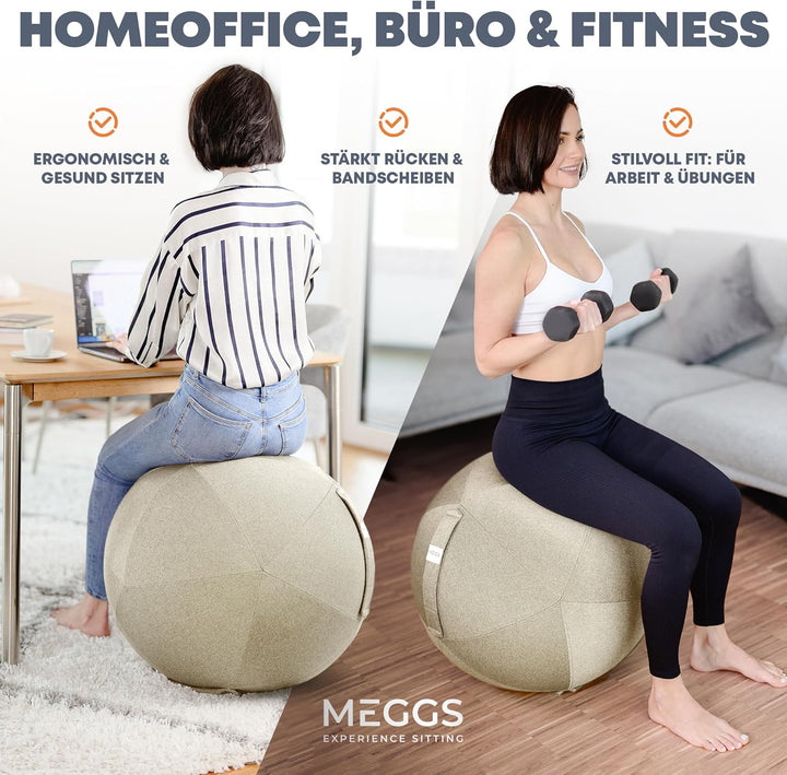 MEGGS® Stoff-Sitzball 65cm, Ergonomisch Sitzen im Büro & Zuhause, [Wegrollschutz & Platz-Sicher], Pe
