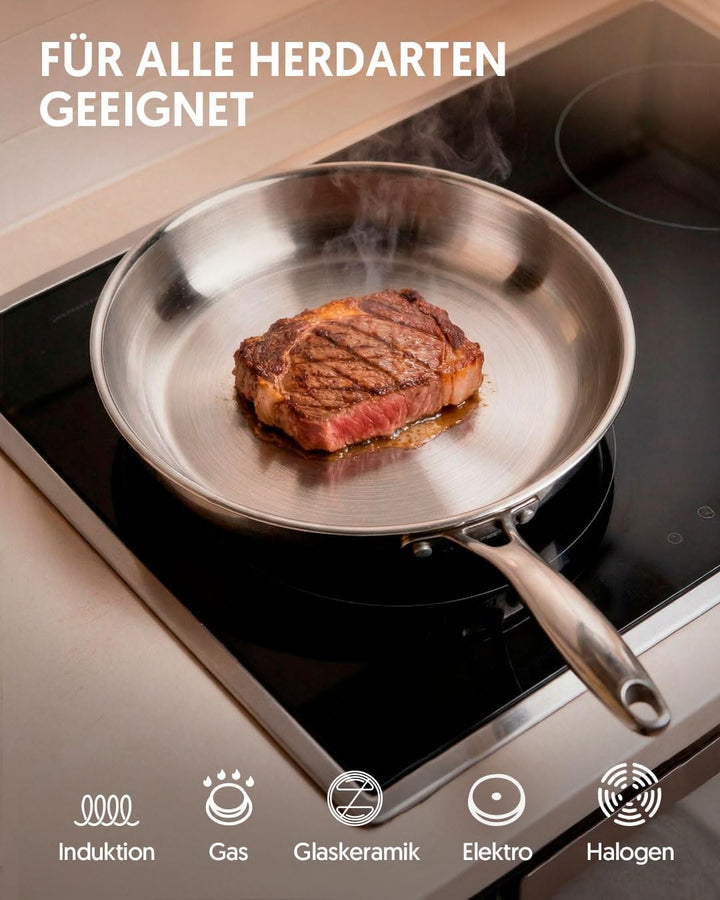 La Moustache - Topf- und Pfannenset 8-teilig, aus Edelstahl ohne Beschichtung, 3 Kochtöpfe mit Glasd