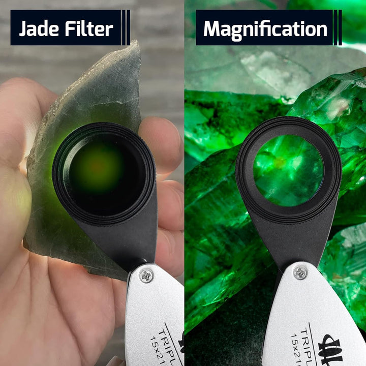 15x Vergrösserung Lupe & Jadeit-Filter 2 in 1 faltbar Schmuck Identifizierung Triplet optische Linse