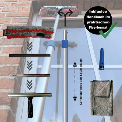 FenWi 3m Teleskop Fensterputzer Profi Set mit 25/30cm Kombi Einwascher/Abzieher, Gummilippe, Kombi F