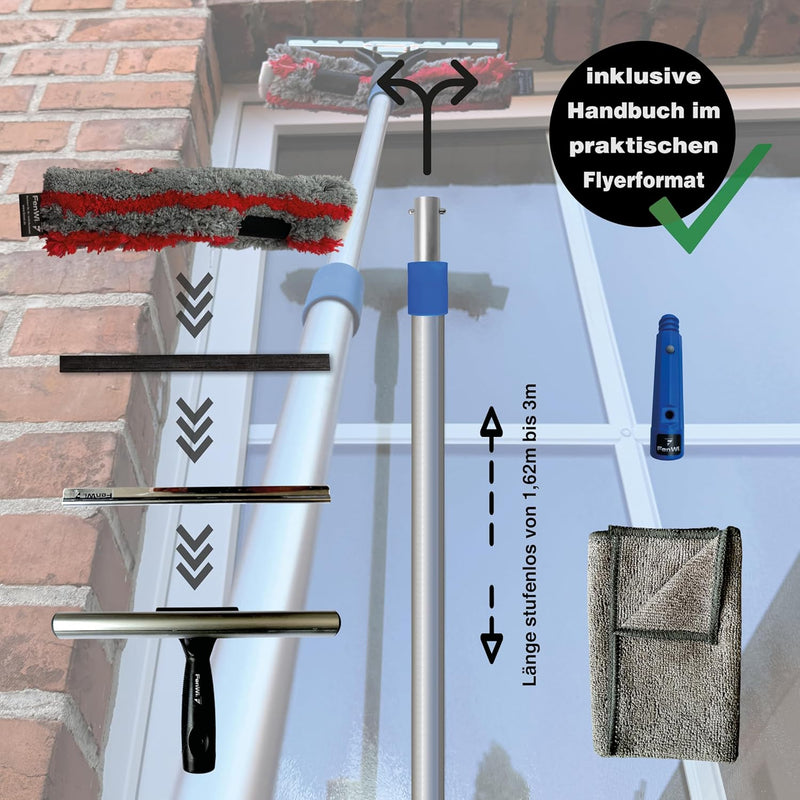 FenWi 3m Teleskop Fensterputzer Profi Set mit 25/30cm Kombi Einwascher/Abzieher, Gummilippe, Kombi F